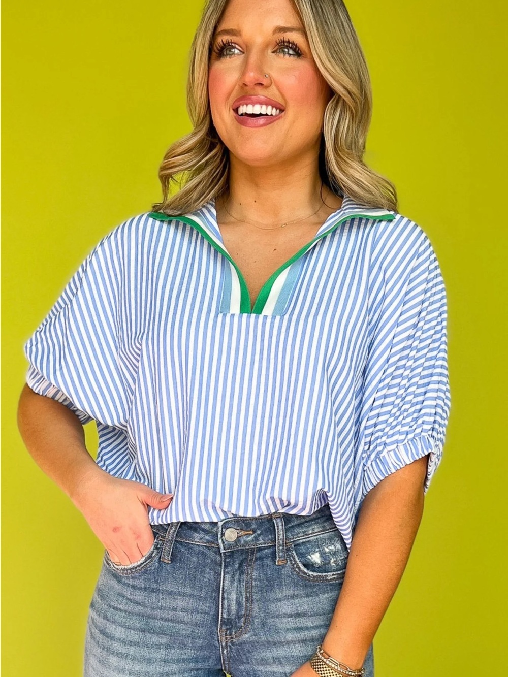 NWOT Avara Seersucker Contrast Stripe Dolman Sleeve Top